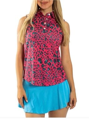 Sunday Swagger Sleeveless Golf Polo Shirt Women’s Medium Pink/Blue Leopard Print